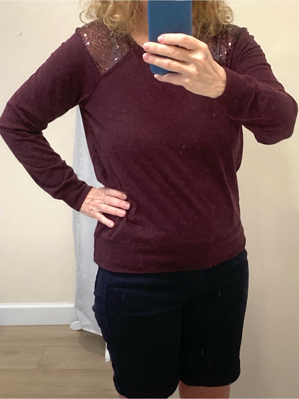 Democracy Plum Crewneck Sweater. Sequin-Embellished Shoulders